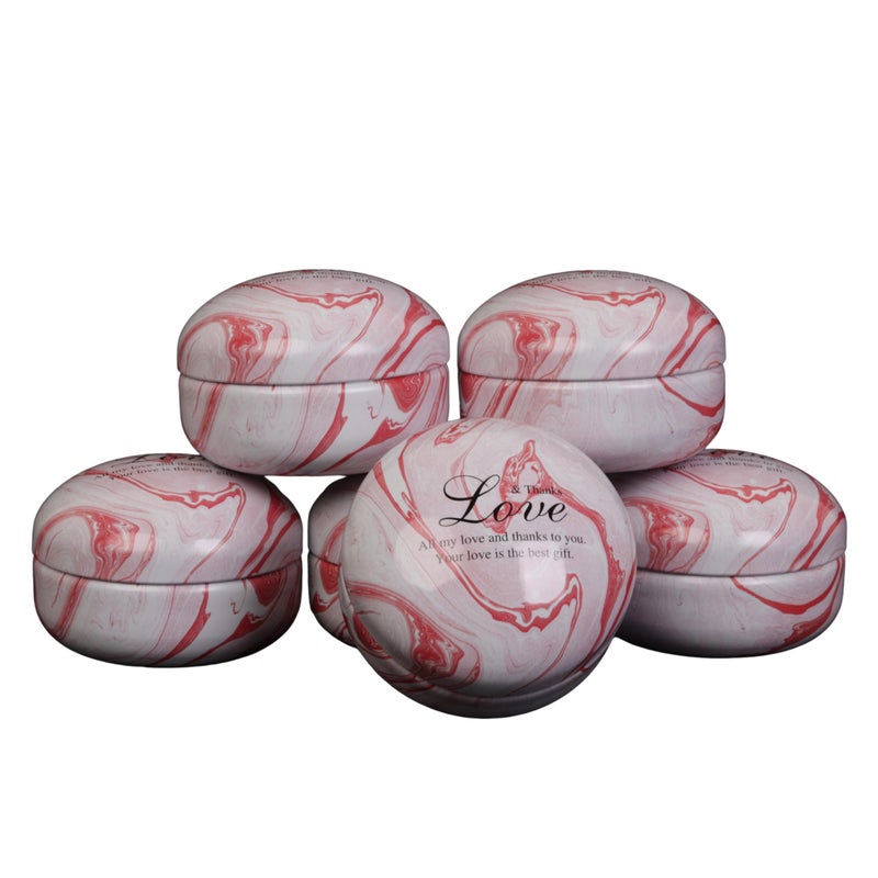 Set of 6 Decorative Round Tin Containers with Lids – Marbled Red & White Design, Small Metal Storage Boxes for Candles, Jewelry, Gifts & Crafts - Image 1