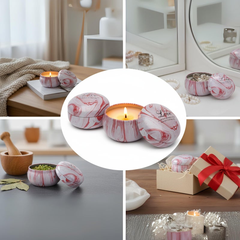 Set of 6 Decorative Round Tin Containers with Lids – Marbled Red & White Design, Small Metal Storage Boxes for Candles, Jewelry, Gifts & Crafts - Image 3