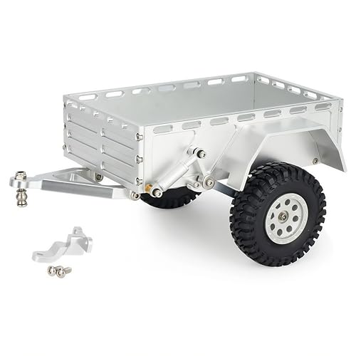 AMK Aluminum 118 124 RC Trailer CNC Machined RC Utility Trailer with Ball Head Hitch 118 124 Scale RC Crawler Trailer for TRX4M SCX24 Redcat Ascent18 with Wheels Suspension Silver - Image 1