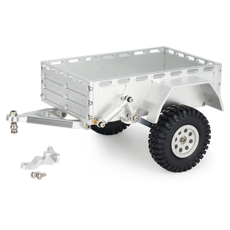 AMK Aluminum 118 124 RC Trailer CNC Machined RC Utility Trailer with Ball Head Hitch 118 124 Scale RC Crawler Trailer for TRX4M SCX24 Redcat Ascent18 with Wheels Suspension Silver - Image 3
