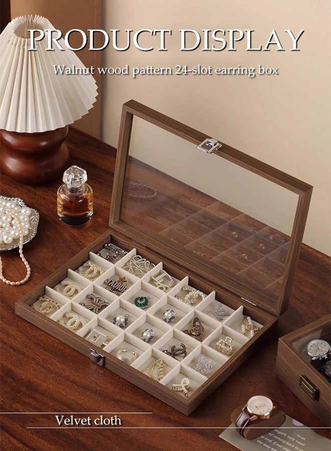 DUNISO Walnut Earring Storage Case with 24 Compartments,Single-Layer Jewelry Organizer with Clear Glass Lid for Women ,Display case box for Earring and Ring - Image 4