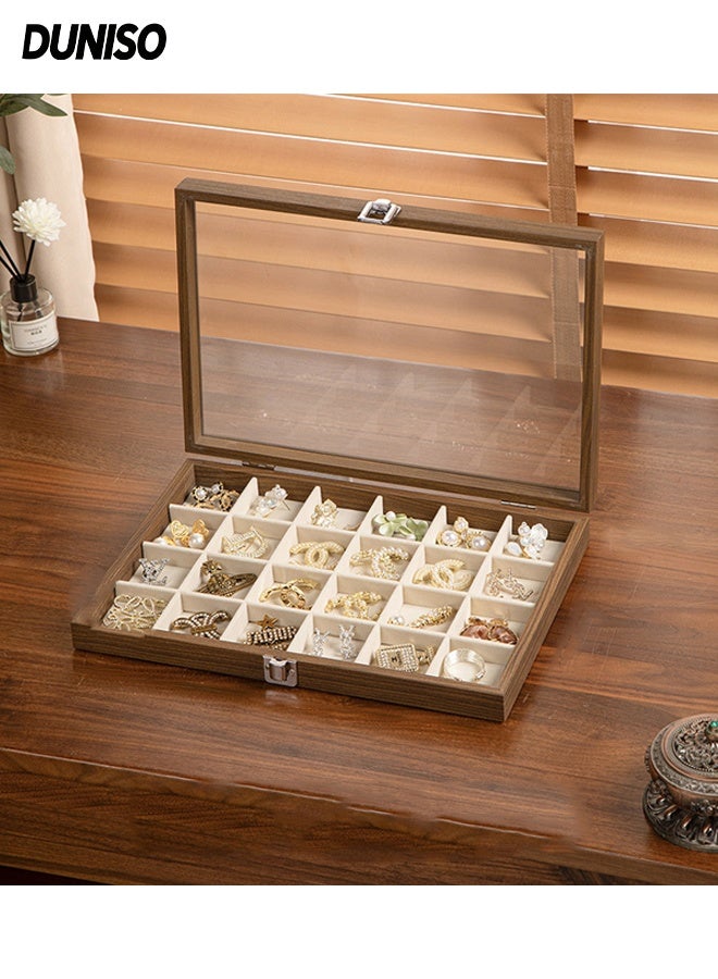 DUNISO Walnut Earring Storage Case with 24 Compartments,Single-Layer Jewelry Organizer with Clear Glass Lid for Women ,Display case box for Earring and Ring - Image 1