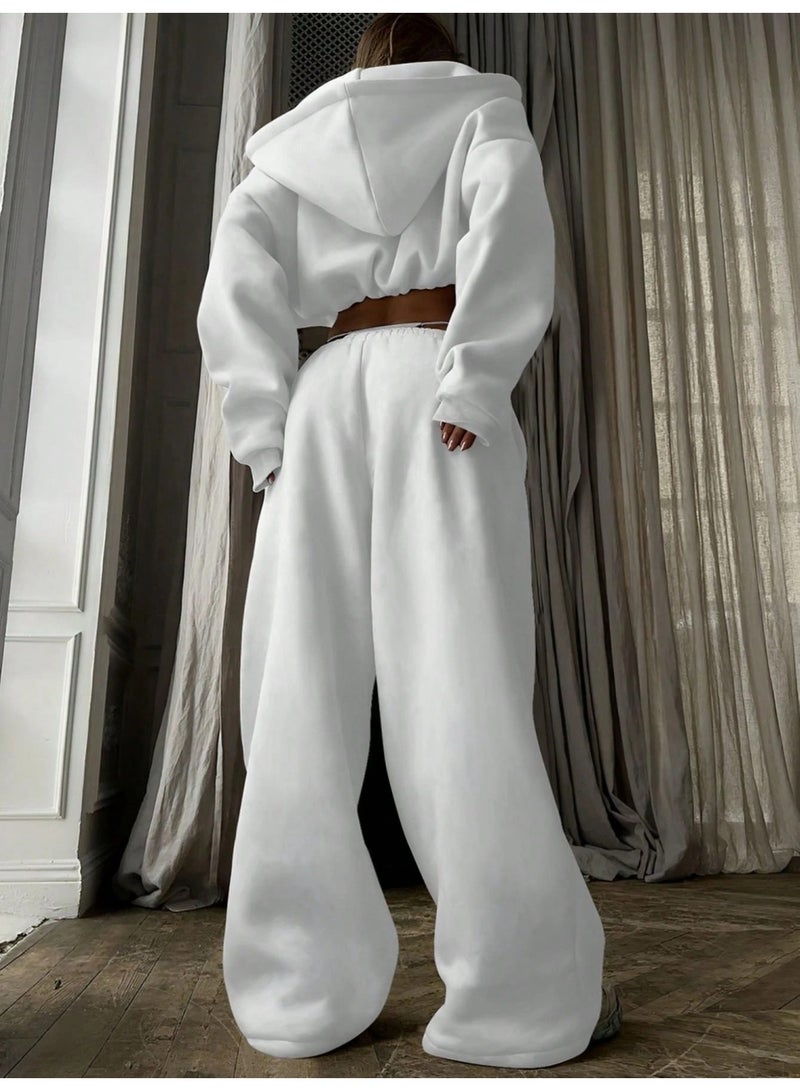 NIBEMINENT Casual Two Piece Sets Women Outfit Solid Color Solid Color Loose Sports In Autumn Winter Pant Sets Long-sleeved Short Top Set - Image 1