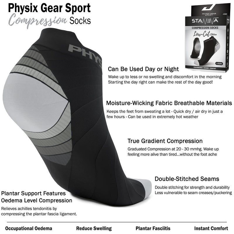 Physix Gear Sport Physix Gear Short Compression Socks for Men & Women - Best Low Compression Socks Women & Men with Arch Support, Ideal for Running, Plantar Fasciitis comfort, and Swelling - Ankle, Black/Grey, L/XL - Image 3