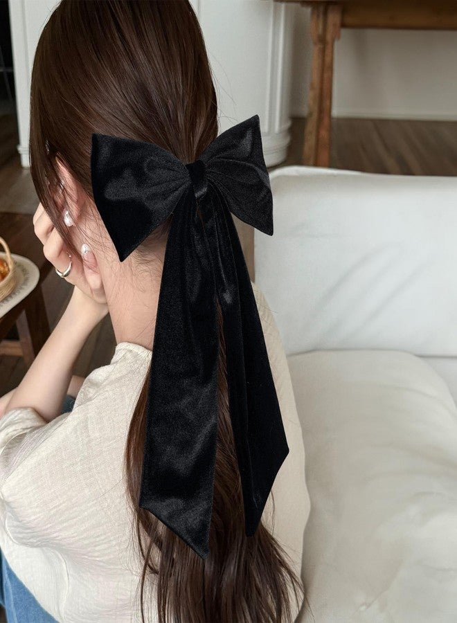 melyde 6.5 Inch Velvet Hair Bow Clip Classic Bowknot Ponytail Holder Long Velvet Ribbon Barrette Hair Accessories for Women Girls, Black - Image 2
