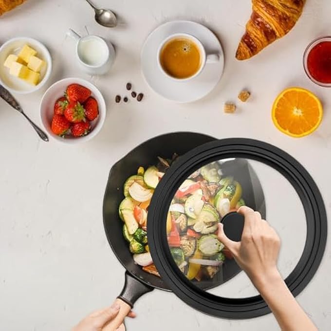 ريحني غطاء عالمي للأواني والمقالي، غطاء من الزجاج المقسّى مع حافة سيليكون مقاومة للحرارة، يناسب أواني الطهي بقطر 2832، غطاء بديل لمقلاة القلي ومقلاة الحديد الزهر 283032 سم - Image 5