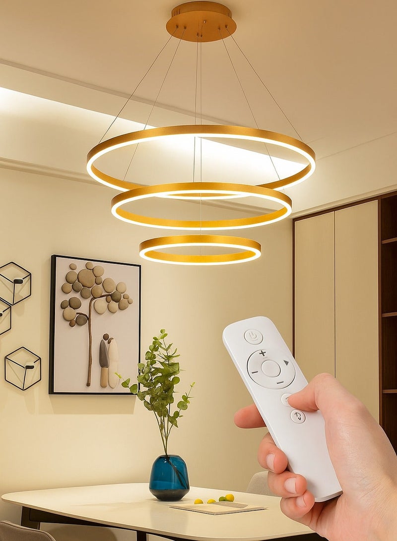 AL THURAYAT Luxurious and modern 60cm LED chandelier with three gold-colored circular LED rings, 3 lighting colors, made of high-quality materials, and comes with remote control. - Image 1