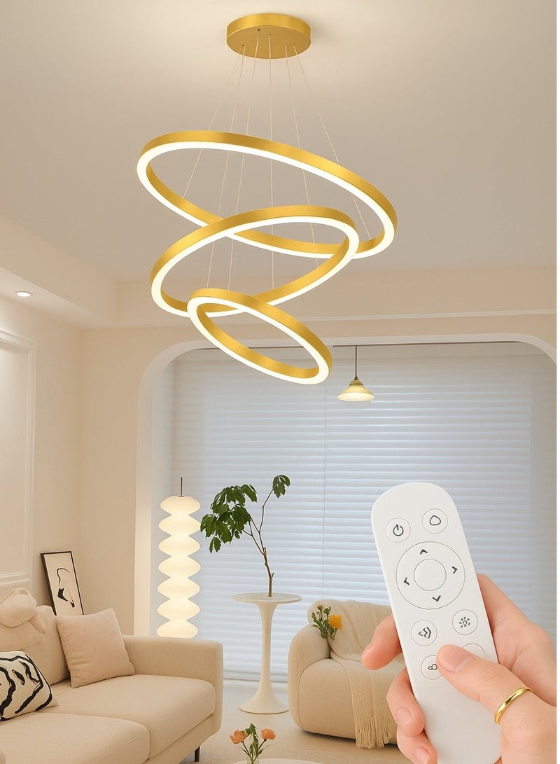 AL THURAYAT Luxurious and modern 60cm LED chandelier with three gold-colored circular LED rings, 3 lighting colors, made of high-quality materials, and comes with remote control. - Image 2