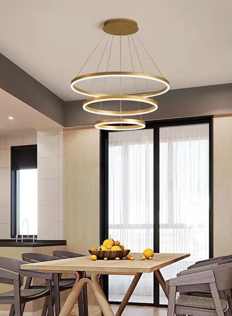 AL THURAYAT Luxurious and modern 60cm LED chandelier with three gold-colored circular LED rings, 3 lighting colors, made of high-quality materials, and comes with remote control. - Image 5