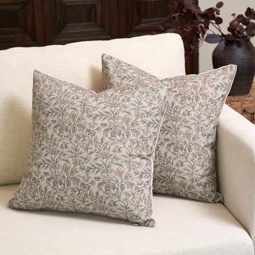 Amor Virisso Floral Throw Pillow Covers 18x18 Set of 2 Vintage Block Print Pillow Covers Decorative Pillow Covers Couch Pillows for Living Room Farmhouse Accent Sofa Pillows, Yellow/Sand - Image 1