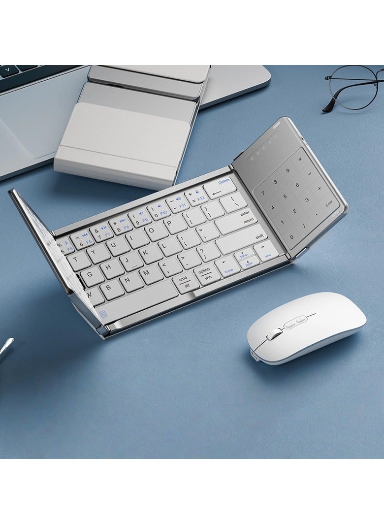 عام طقم لوحة مفاتيح لاسلكية ثلاثية الطي محمولة مع فأرة ولوحة لمس لأجهزة آيباد/ماك/ويندوز/أندرويد، طقم مكتبي وترفيهي لاسلكي