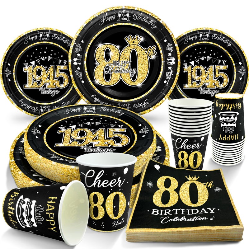 algpty 80th Birthday Decorations Black and Gold Service for 30 Vintage 80th Birthday Party Supplies Includes Black Vintage 1945 Plates Napkins Cups Plates and Napkins for Men Women