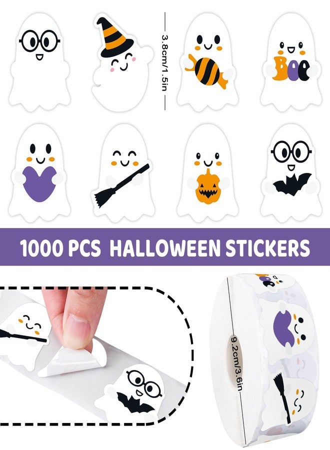 Whaline 1000Pcs Halloween Stickers Roll Self Adhesive Cute Ghost Stickers Roll Halloween Ghost Decal Stickers Round Adhesive Stickers for Halloween Party Favor Decor, 8 Design - Image 2