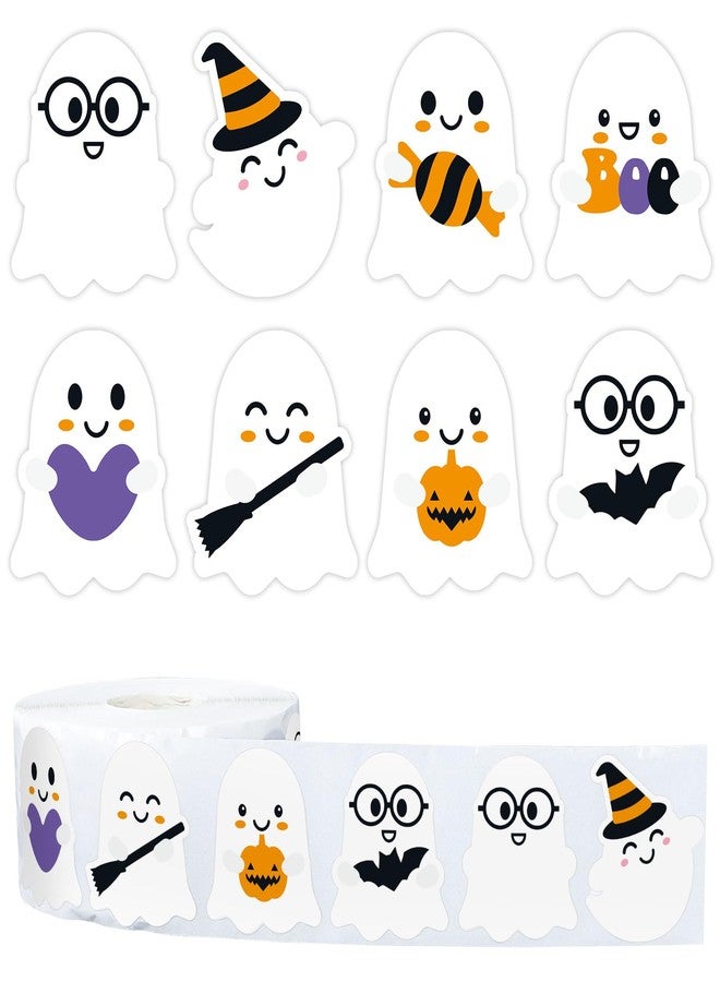 Whaline 1000Pcs Halloween Stickers Roll Self Adhesive Cute Ghost Stickers Roll Halloween Ghost Decal Stickers Round Adhesive Stickers for Halloween Party Favor Decor, 8 Design - Image 1