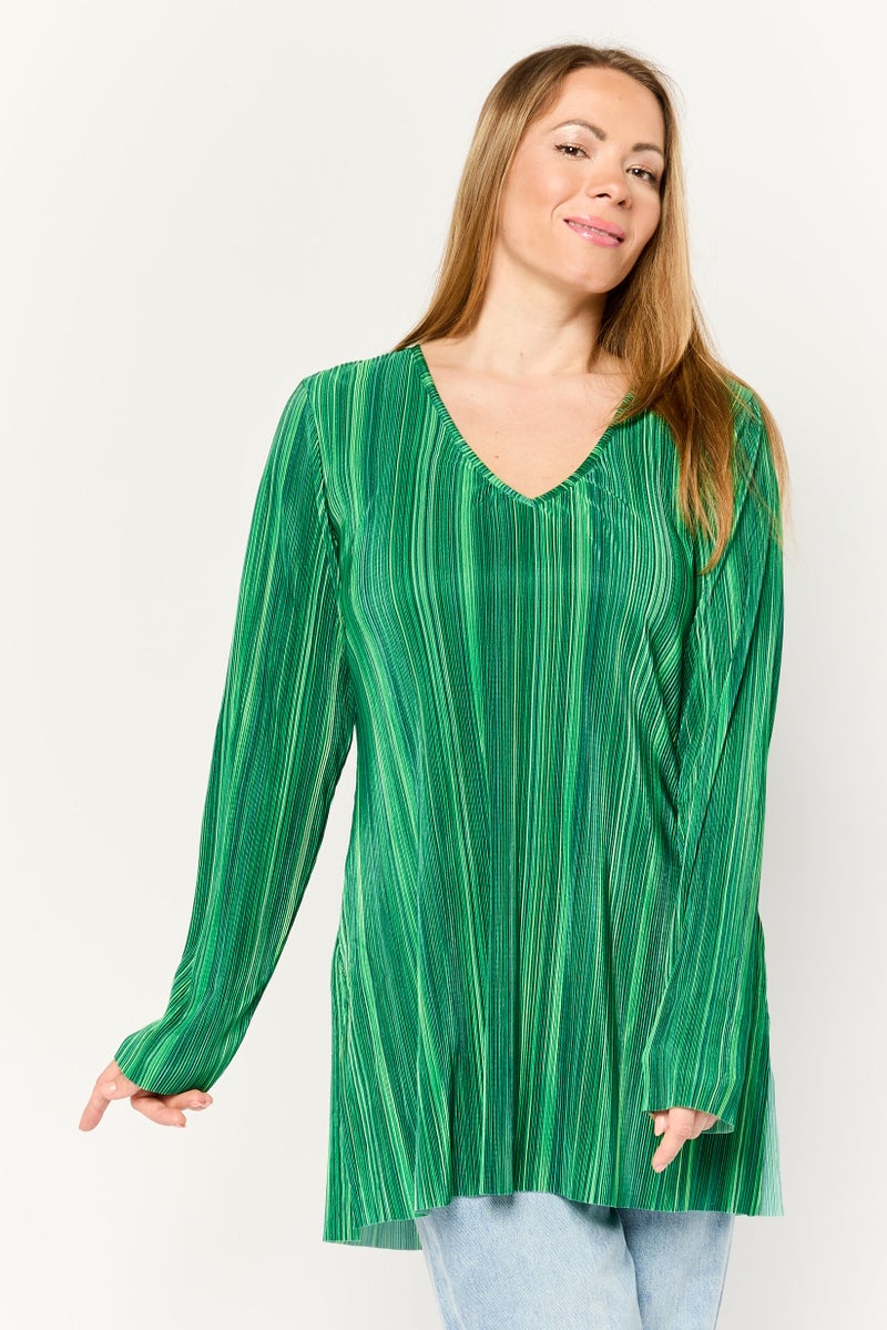 Cyrus بلوزة طويلة الأكمام بتصميم V للنساء، مخططة، خضراء - Image 1