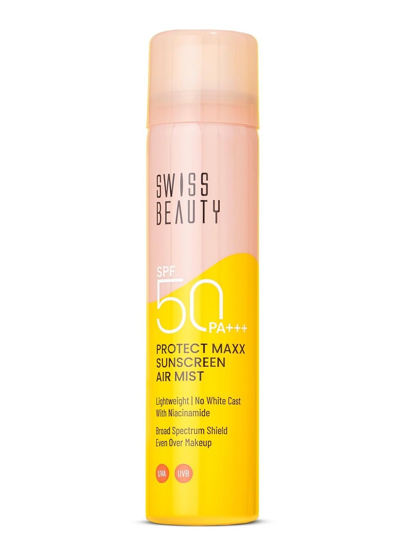 Swiss Beauty Protect Maxx Sunscreen Air Mist | SPF 50 PA+++ | With Niacinamide | UVA+UVB Protection | Even Over Makeup | For Face & Body | 80ml - Image 1