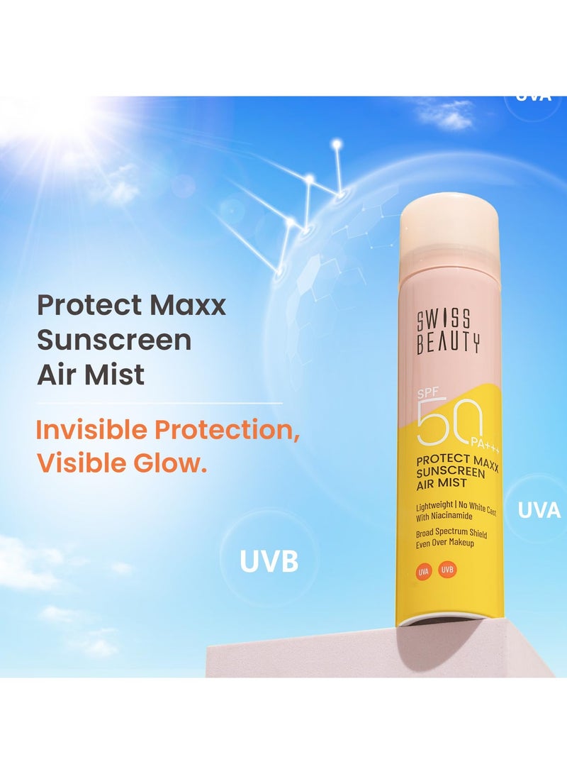 Swiss Beauty Protect Maxx Sunscreen Air Mist | SPF 50 PA+++ | With Niacinamide | UVA+UVB Protection | Even Over Makeup | For Face & Body | 80ml - Image 2
