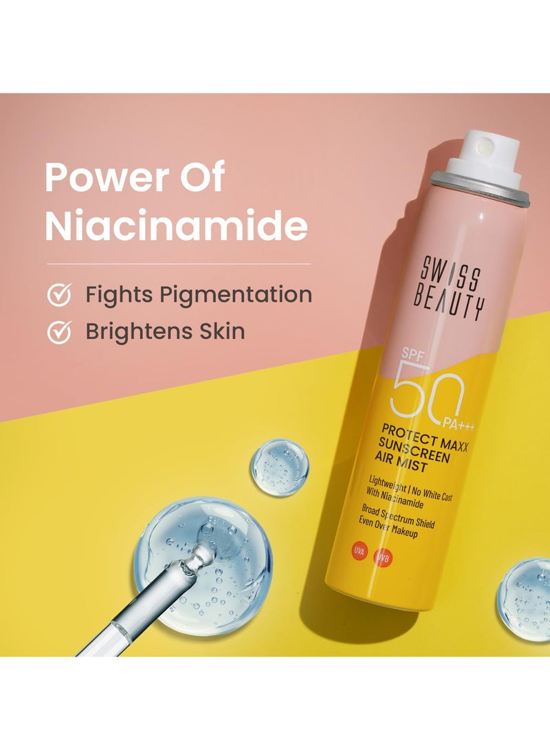 Swiss Beauty Protect Maxx Sunscreen Air Mist | SPF 50 PA+++ | With Niacinamide | UVA+UVB Protection | Even Over Makeup | For Face & Body | 80ml - Image 5