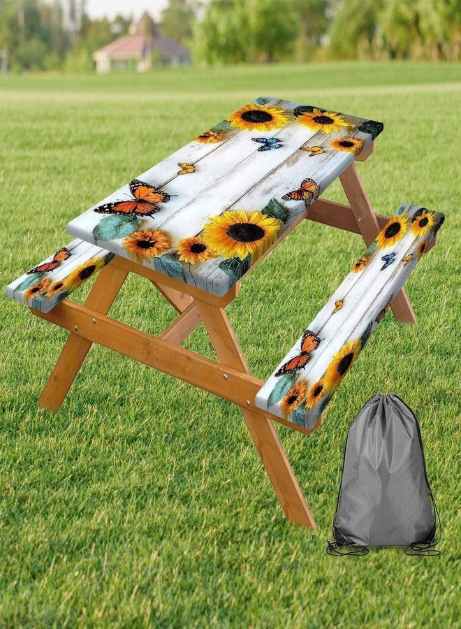 DeeCabin Picnic Table Cover with Bench Cover, Outdoor Patio Camping Essentials Farmhouse Sunflower Table Covers with Elastic Waterproof Camping Tablecloth with Drawstring Bag, 72In 3PCS - Image 1