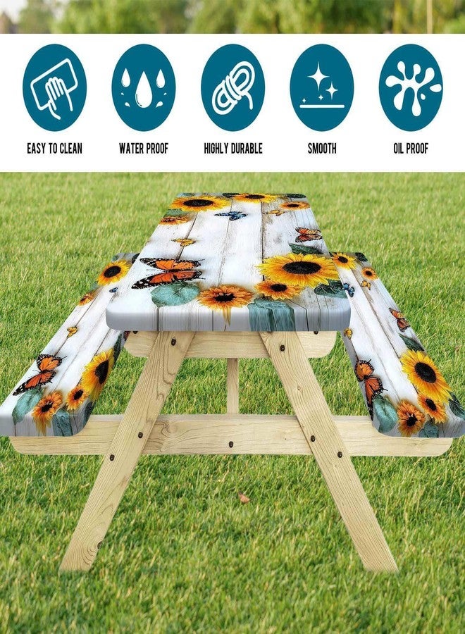 DeeCabin Picnic Table Cover with Bench Cover, Outdoor Patio Camping Essentials Farmhouse Sunflower Table Covers with Elastic Waterproof Camping Tablecloth with Drawstring Bag, 72In 3PCS - Image 3