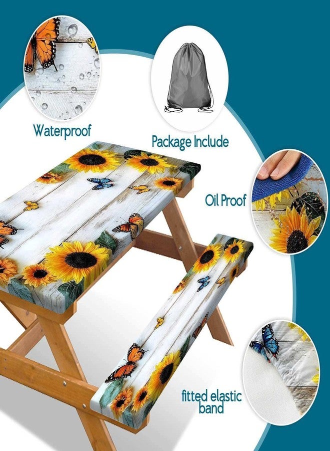 DeeCabin Picnic Table Cover with Bench Cover, Outdoor Patio Camping Essentials Farmhouse Sunflower Table Covers with Elastic Waterproof Camping Tablecloth with Drawstring Bag, 72In 3PCS - Image 5
