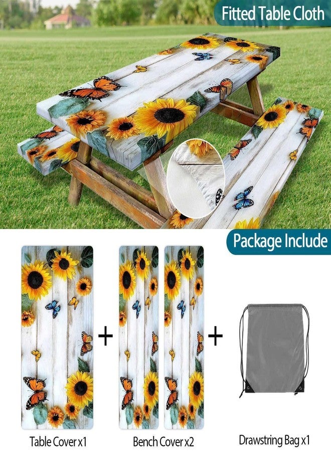 DeeCabin Picnic Table Cover with Bench Cover, Outdoor Patio Camping Essentials Farmhouse Sunflower Table Covers with Elastic Waterproof Camping Tablecloth with Drawstring Bag, 72In 3PCS - Image 4