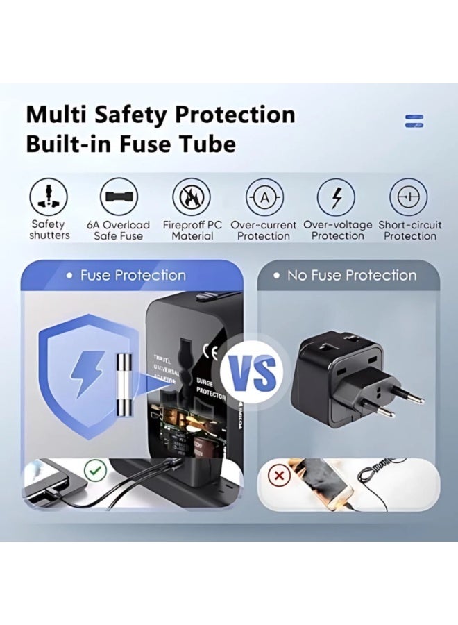 Chabeia 5 in 1Universal International Power Travel Plug Adapter, with 2.4A Dual USB-A,European Travel Plug Adapter ,for Europe USA UK AUS Asia ,Worldwide Universal Travel Adapter Plug Converter Charger Outlet ,1500W Multifunctional International Power Adapter Wall Charger with Child Safety Door,Global AC Outlet -Black - Image 5