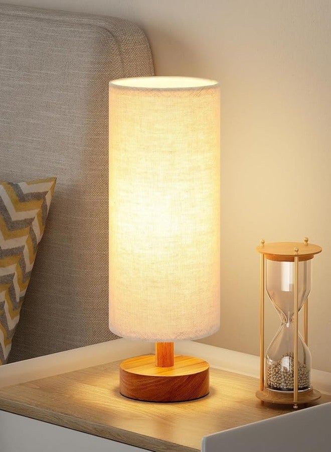 HashWOW® Round Fabric Shade LED Table Lamp – USB Wired Wooden Base Bedside & Desk Lamp for Bedroom & Living Room (Beige) - Image 1