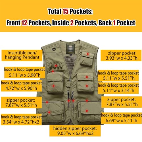 Flygo Men's Casual Lightweight Outdoor Fishing Work Safari Travel Photo Cargo Vest Jacket Multi Pockets(Large, Grey) - Image 3