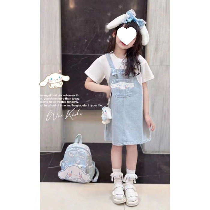 Korean Style Baby Girl Cartoon Summer Skirt For Big Kids Solid Color Yugui Dog Fake Two-Piece Dress Trendy - Image 1