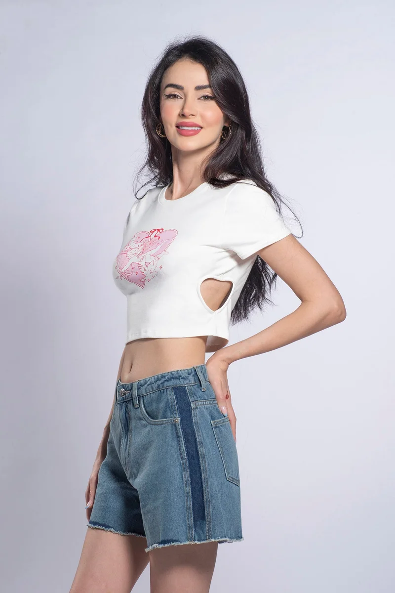 Virgio  Graphic Cotton Heart Cutout Cropped T-Shirt for Women for Women | Best Price UAE