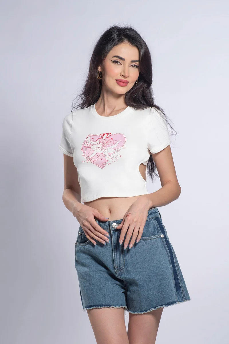 Virgio Graphic Cotton Heart Cutout Cropped T-Shirt for Women