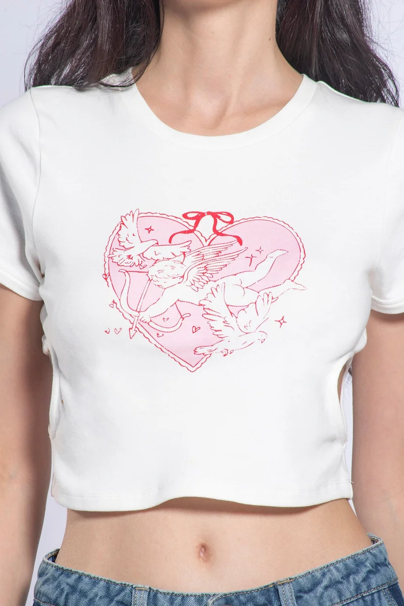 Virgio  Graphic Cotton Heart Cutout Cropped T-Shirt for Women for Women | Best Price UAE