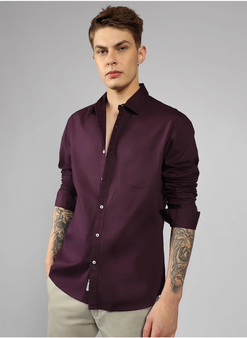 دينيس لينغو Slim Fit Purple Men's Casual Shirt, Spread Collar, Full Sleeves, 100% Cotton