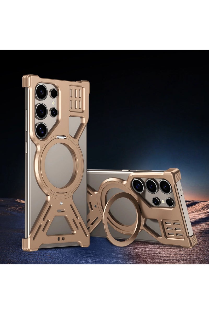 general Suitable for Samsung S25 Ultra hollow metal phone case, magnetic rotating stand, and shockproof protective case. - Image 1