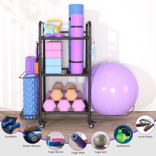 YAJONUE Home Gym Storage Rack Exercise Equipment Storage Organizer for Yoga Mat Dumbbells Kettlebells Foam Roller Yoga Strap & Resistance Bands, Ideal Yoga Mat Holder & Workout Equipment Organizer - Image 4