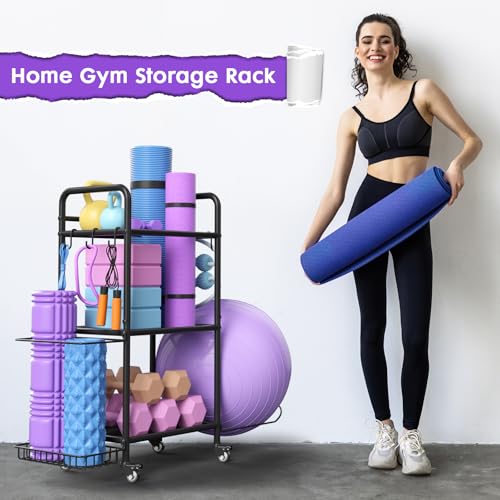 YAJONUE Home Gym Storage Rack Exercise Equipment Storage Organizer for Yoga Mat Dumbbells Kettlebells Foam Roller Yoga Strap & Resistance Bands, Ideal Yoga Mat Holder & Workout Equipment Organizer - Image 3