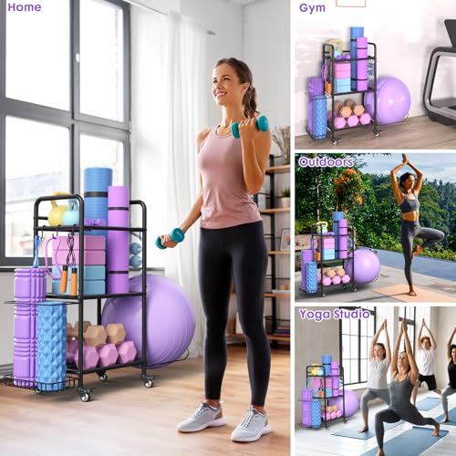 YAJONUE Home Gym Storage Rack Exercise Equipment Storage Organizer for Yoga Mat Dumbbells Kettlebells Foam Roller Yoga Strap & Resistance Bands, Ideal Yoga Mat Holder & Workout Equipment Organizer - Image 2