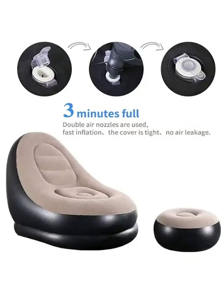 GENNEXT Thickened flocking inflatable sofa, lazy sofa bed footstool set, outdoor foldable air cushion recliner, PVC material, maximum load 100 kg Brown - Image 4