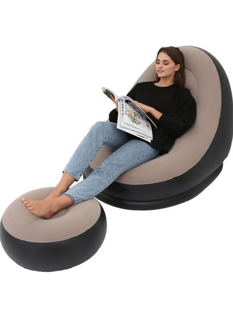 GENNEXT Thickened flocking inflatable sofa, lazy sofa bed footstool set, outdoor foldable air cushion recliner, PVC material, maximum load 100 kg Brown - Image 1