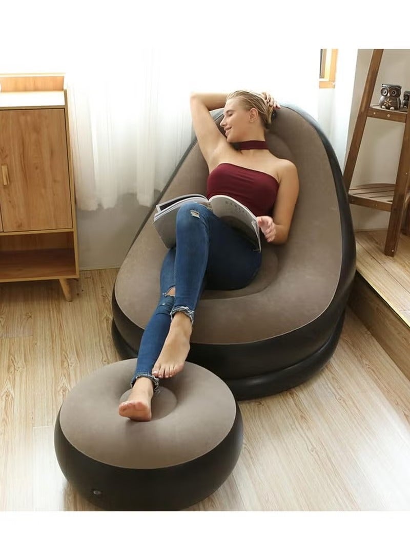 GENNEXT Thickened flocking inflatable sofa, lazy sofa bed footstool set, outdoor foldable air cushion recliner, PVC material, maximum load 100 kg Brown - Image 3