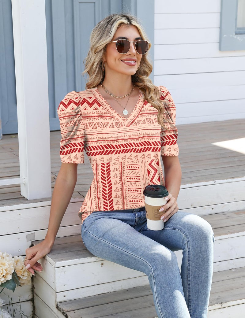IECCP Spring Tops for Women T-Shirts Short Sleeve V Neck Tees Fashion Comfy Lightweight Soft Casual Summer Blouses Apricot Red Floral XL - Image 5