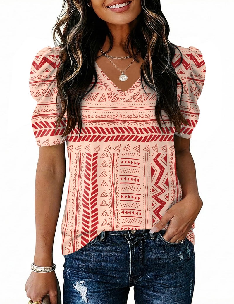 IECCP Spring Tops for Women T-Shirts Short Sleeve V Neck Tees Fashion Comfy Lightweight Soft Casual Summer Blouses Apricot Red Floral XL - Image 1