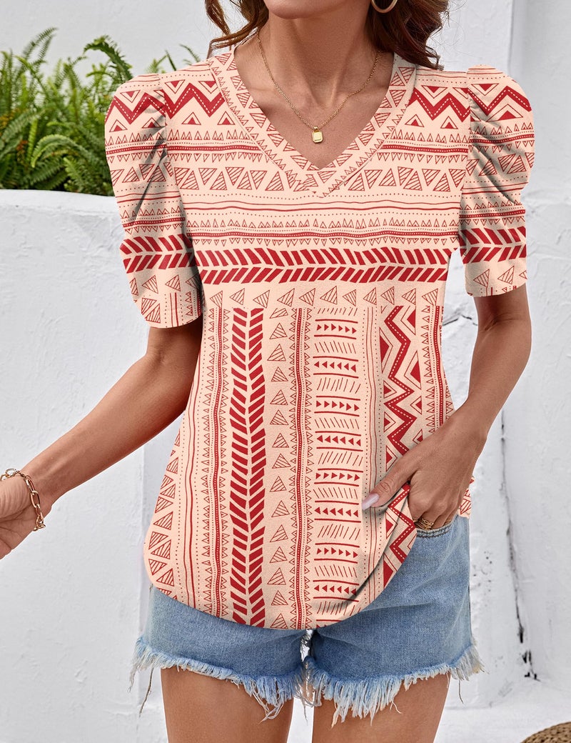 IECCP Spring Tops for Women T-Shirts Short Sleeve V Neck Tees Fashion Comfy Lightweight Soft Casual Summer Blouses Apricot Red Floral XL - Image 2