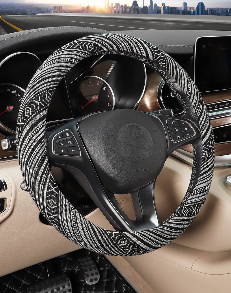 SEG Direct Boho Steering Wheel Cover with Baja Blanket Cloth, Ethnic Style Auto Wheel Cover Made of Coarse Flax, Fits 14 1/2-15 1/4 inches Car Wheel - Image 1