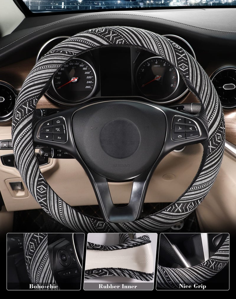 SEG Direct Boho Steering Wheel Cover with Baja Blanket Cloth, Ethnic Style Auto Wheel Cover Made of Coarse Flax, Fits 14 1/2-15 1/4 inches Car Wheel - Image 3