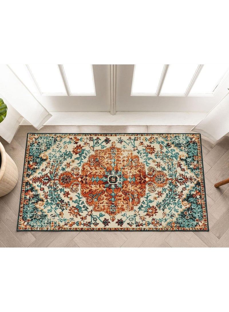 خمر مضطربة حمام سجاد، 2 ' × 3 '، غسيل غير انزلاق حصيرة، تصميم بوهو في الفيروزي والبرتقالي، منخفض كومة أرضية السجاد - Image 3
