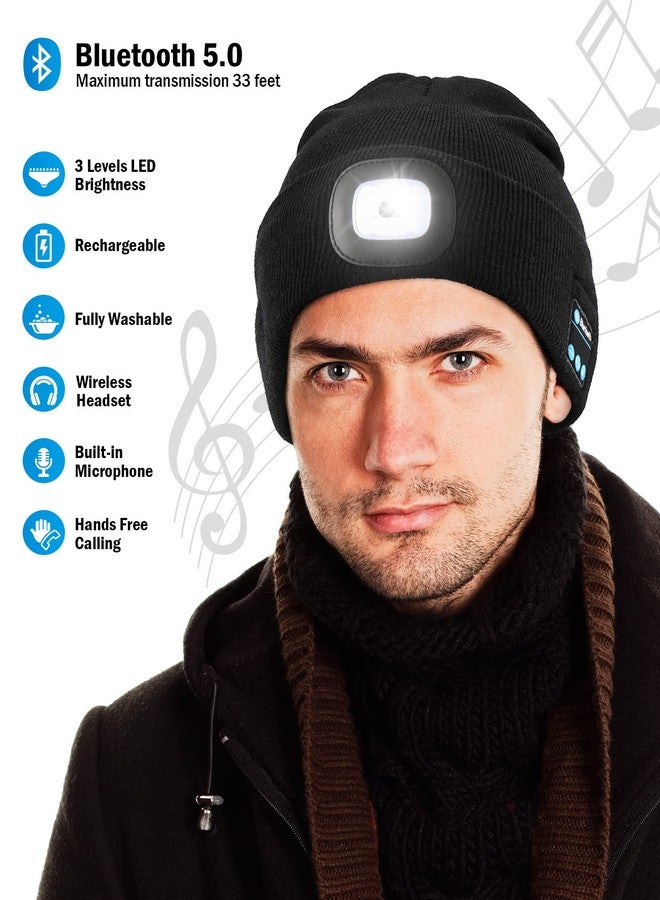 Wmcaps Bluetooth Beanie with a Light, Unisex USB Rechargeable 4 LED Fashlight Hat with Cordless Headphones, Unique Christmas Birthday Gifts for Men Him Husband Teen Black - Image 2