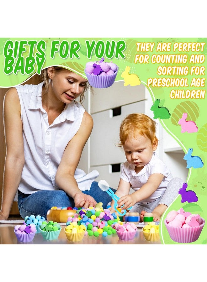 Funnymoom فيلر صندوق الحواس عيد الفصح من فاني موم - ألعاب حركية دقيقة تشمل ملاقط و 2 مقصات و مشابك و 150 كرة بوم بوم و 30 أرنب عيد الفصح الخشبي و بيض و 10 أكواب فرز لتدريب الفرز والعد في عيد الفصح - Image 3