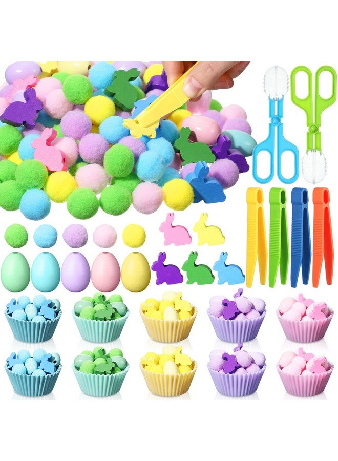 Funnymoom فيلر صندوق الحواس عيد الفصح من فاني موم - ألعاب حركية دقيقة تشمل ملاقط و 2 مقصات و مشابك و 150 كرة بوم بوم و 30 أرنب عيد الفصح الخشبي و بيض و 10 أكواب فرز لتدريب الفرز والعد في عيد الفصح - Image 1